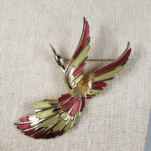 Vitage 1990s Bird Of Paradise In Flight Gold Tone Mauve Mint Green Enamel Brooch - Picture 8 of 11